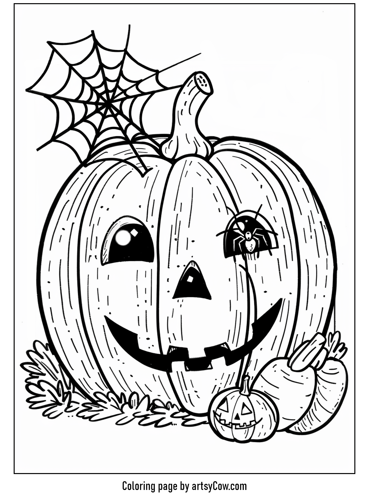 halloween pumpkin drawings for kids featuring a happy pumpkin with a spider and web, and a small ghost peeking over.